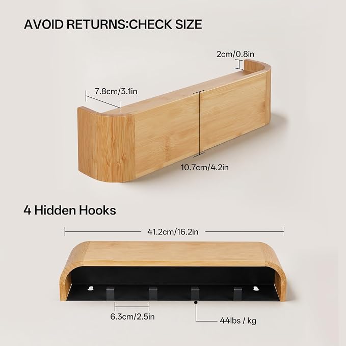 16" Bamboo Coat Rack Wall Mount, 4 Hidden Hooks, Compact, Natural | Solid Bamboo Shelf, 4 Heavy Duty Steel Hooks 44 lbs Each, Entryway Bathroom Bedroom Kitchen, Paper Template Easy Install