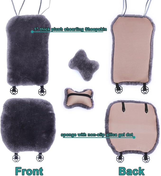 Fuzzy Sheepskin Car Seat Covers | Genuine Fur Wool Seat Protectors for Leather Bucket Seat Cushions | Fluffy Warmers for Mercedes, Audi & Luxury Cars | Flush Furry Interior Upgrade, Carbon Black