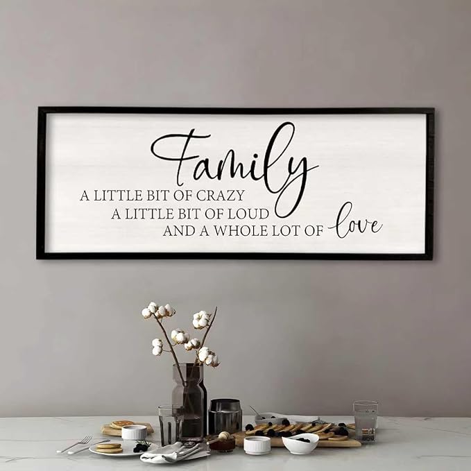 Family A Little Bit Of Crazy Sign Wall Decor 32"×12" Rustic Farmhouse Living Room Large Soild Wood Framed Hallway Hanging Sign Aesthetic Inspirational Quotes Entryway Home Wall Art (Black)