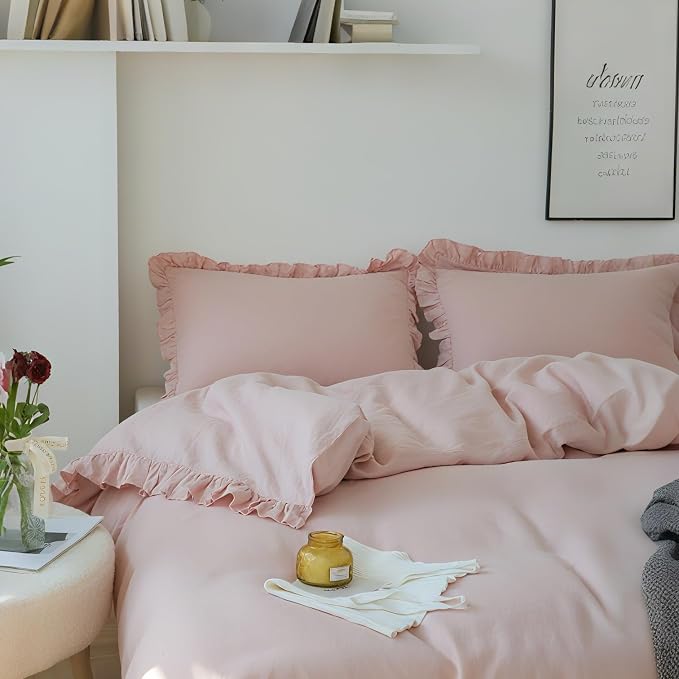 Simple&Opulence 100% Linen Duvet Cover Set, 3 PCS Natural French Flax Blush Pink Ruffle Duvet Cover Queen Size, Breathable Comfy Linen Bedding Comforter Cover with 2 Pillowcases(Blush Pink, 88" X 92")
