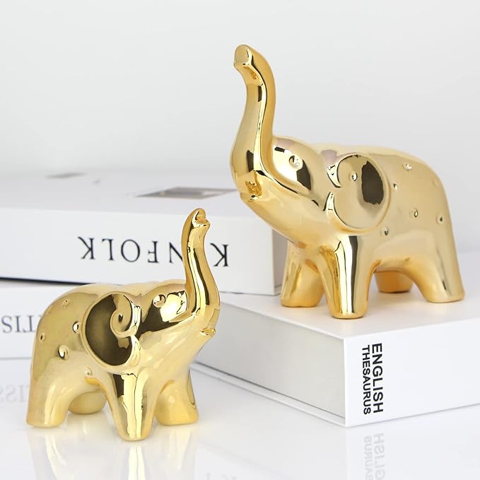 prosfalt A Pair Elephant Statue Home Decor,Modern Style Figurines,Sculpture for Office Desktop Bookshelf Living Room (Ceramics Gold)