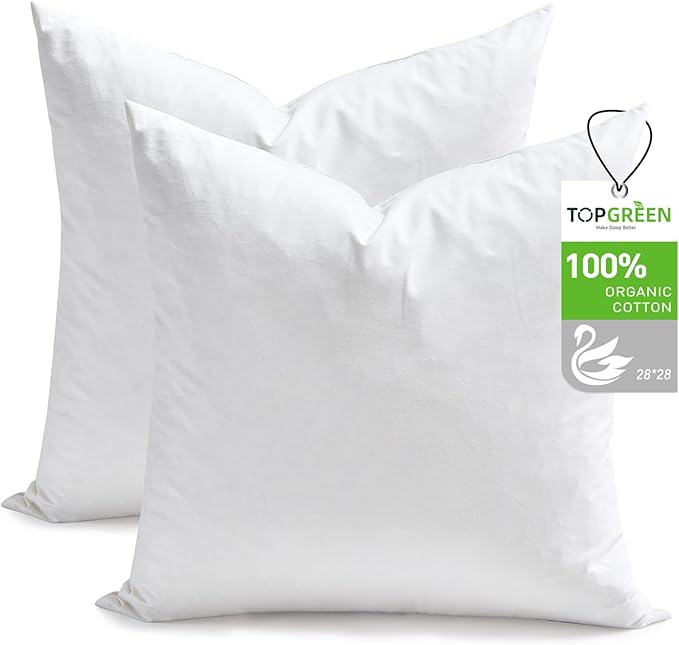 TOPGREEN Feathers Down Throw Pillow Inserts 28x28, Set of 2, 100% Organic Cotton Shell, Soft Decorative Euro Pillow Insert for Living Room Sofa, Couch, or Bed (White)