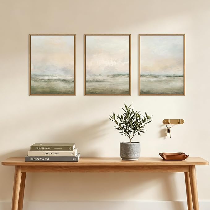 Aryroi Abstract Beige Green Landscape Framed Canvas Wall Art Set, Watercolor Natural Tan Wall Decor, Minimalist Neutral Modern Scenery Artwork for Living Room, Bedroom,Farmhouse- 12"x16"x3