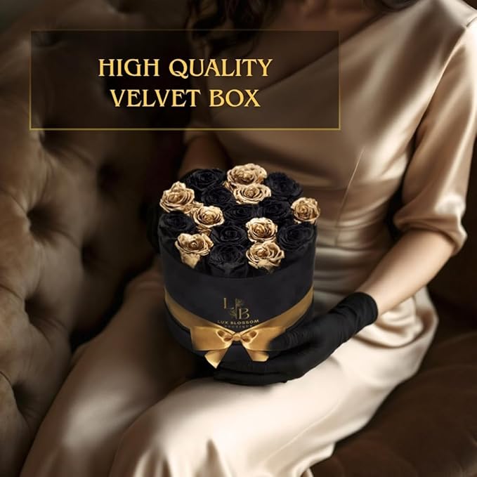 17 Black & Gold Forever Roses, Velvet Box - Luxury Black Roses for Mothers Day, Mothers Day Roses, Gifts for Women, Mother's Day Flowers for Mom, Black Roses for Delivery Prime