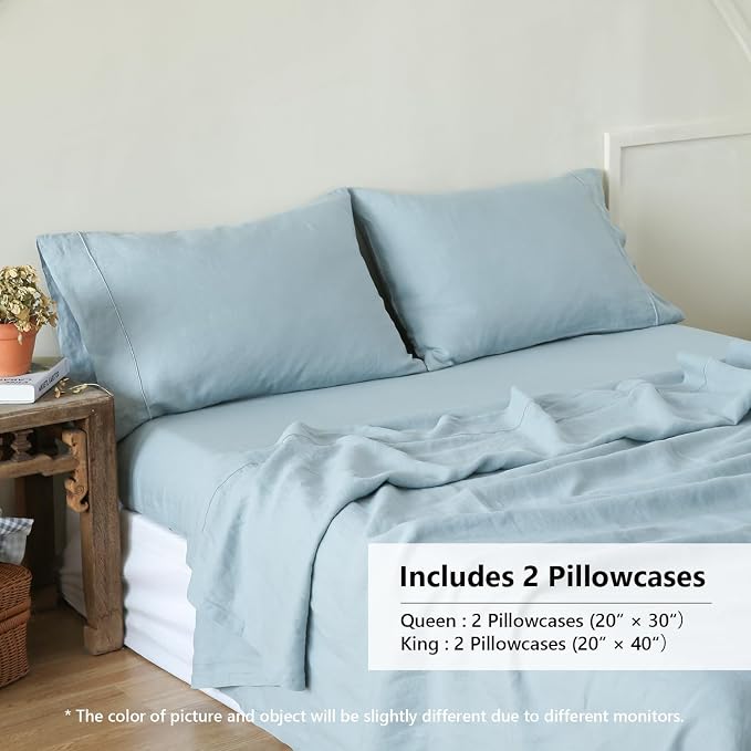 Simple&Opulence 100% French Linen Pillowcase King Size-Set of 2- Washed Solid Color Pillow Cases Embroidered -Soft and Durable (Dusty Blue, 20''x40'')