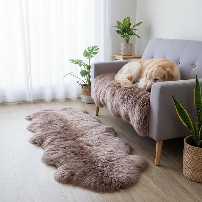 Premium Genuine Sheepskin Rug 2' x 6' Long Fur Soft & Natural Bedside Area Rug, Tan, Double Pelt