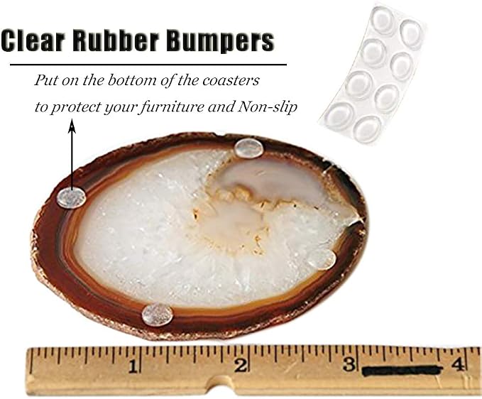 Natural Agate Coasters Set of 4, Brown Geode Stone Slices 3-3.5'' for Drinks Coffee Wine, Unique Rock Crystal Tabletop Protection with Rubber Bumpers