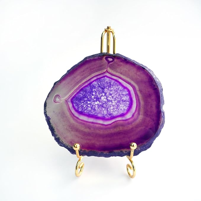 Purple Agate Slices Large Crystal Geode Coasters Set of 4 with Rubber Bumpers - Unique 4-5 Inch Dyed Stone Drink Cup Coasters for Home Decor, Coffee Table, Bar Accessories