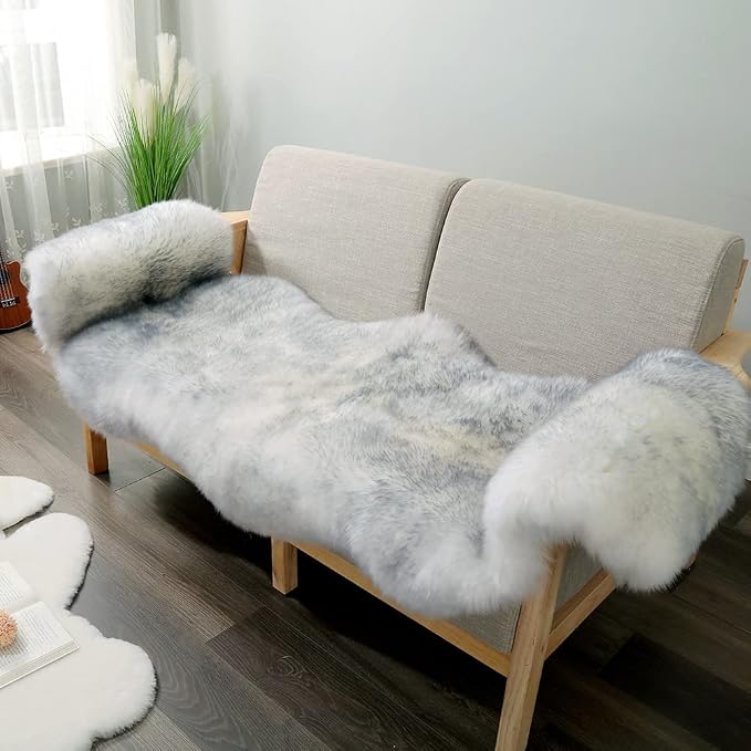 IRIWOOL Premium Genuine Fur Sheepskin Rug Real Australia Sheepskin Natural Luxury Fluffy Lambskin Fur Area Rug Seat Covers for Kids Bedroom Sofa Chair Cover (Gray Tip, Double Pelt/2ft x 6ft)