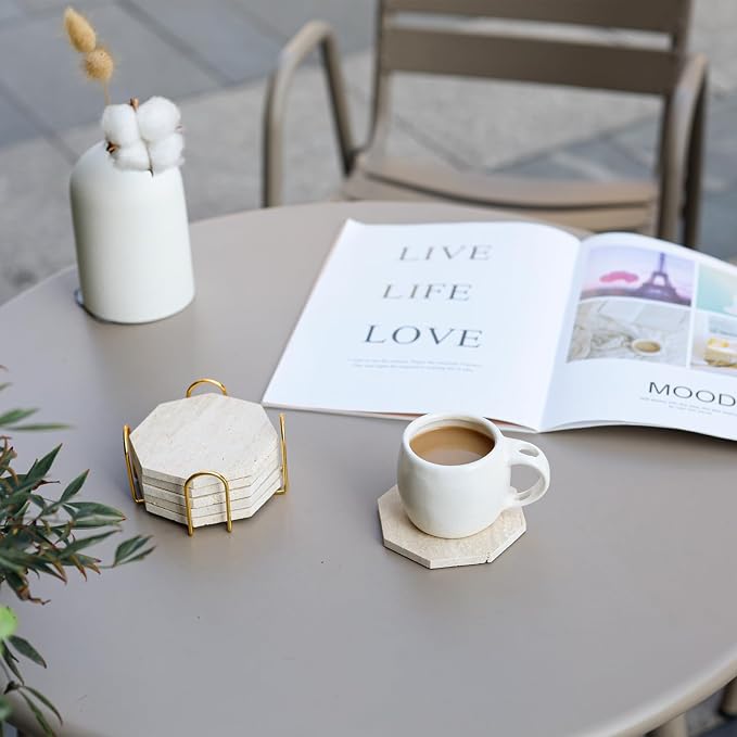 Octagonal Travertine Coasters Set of 6 with Holder, Farmhouse Rustic Neutral Stone Coaster for Home Table Decor, Porous Natural Travertine Absorbent Drink Coasters, Velvet Backed