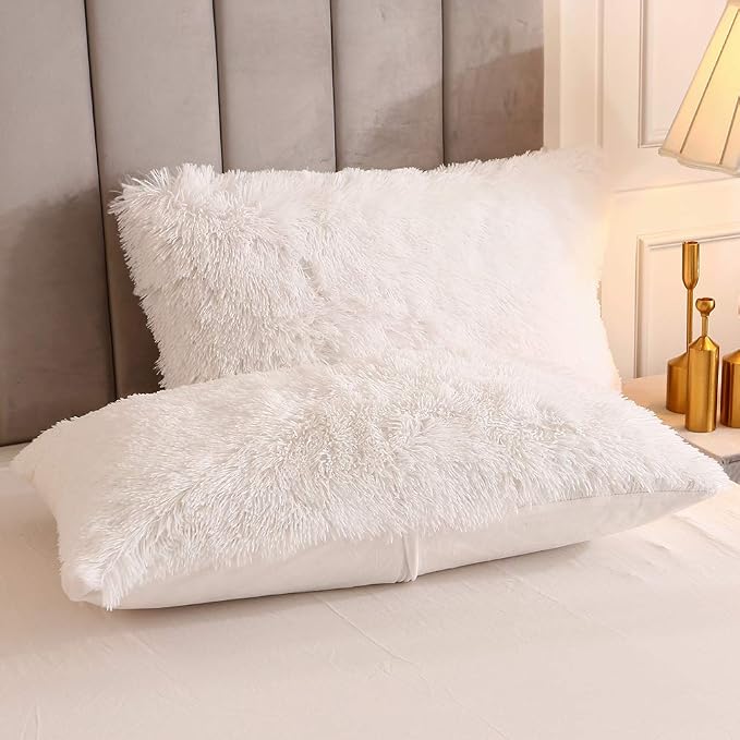 Faux Fur Velvet Fluffy Bedding Duvet Cover Set Down Comforter Quilt Cover with Pillow Sham, Ultra Soft Warm (White, Twin)