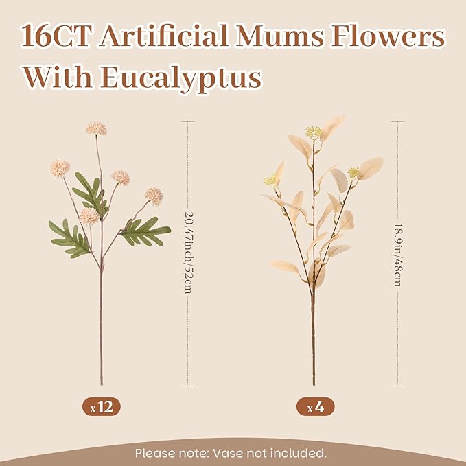 Alupssuc 16PCS Faux Silk Pompon Mums Artificial Flowers with Eucalyptus, Fake Chrysanthemum Floral for DIY Vase Arrangement, Long Stem Dining Table Centerpiece Home Decor, Beige