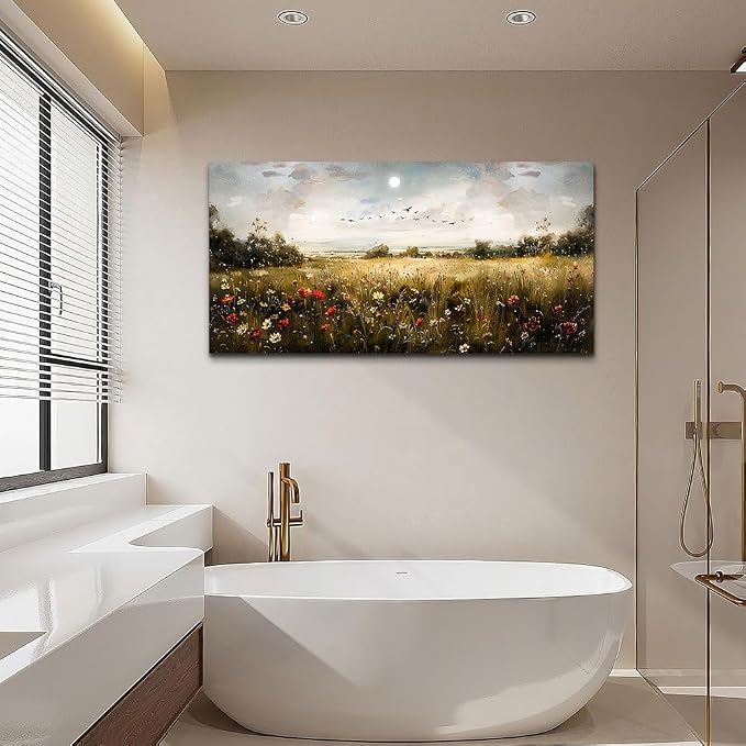 Wapluam Wall Decor For Living Room Canvas Wall Art For Bedroom Wildflower Field Vintage Wall Art Canvas Prints Paintings Farmhouse Artworks Pictures Modern Bathroom Aesthetic Home Wall Decor 40"X20"