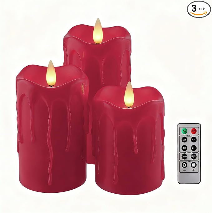 Flameless Pillar Candles Flickering with Remote Timer, Battery Operated LED Candles Up to 400 Hours, 3D Moving Flame Real Wax Candles. (Red with Dripping Tear)