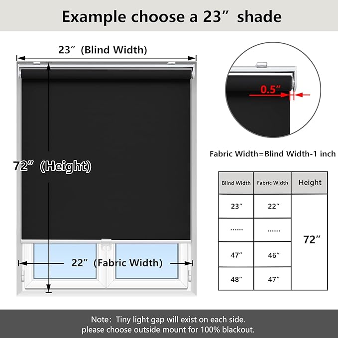 Cordless Roller Shades Blackout Blinds for Windows Room Darkening Rolled Up Shades with Spring System, UV Protection Window Shades Door Blinds for Home and Office (61" W x 72" H, Black)