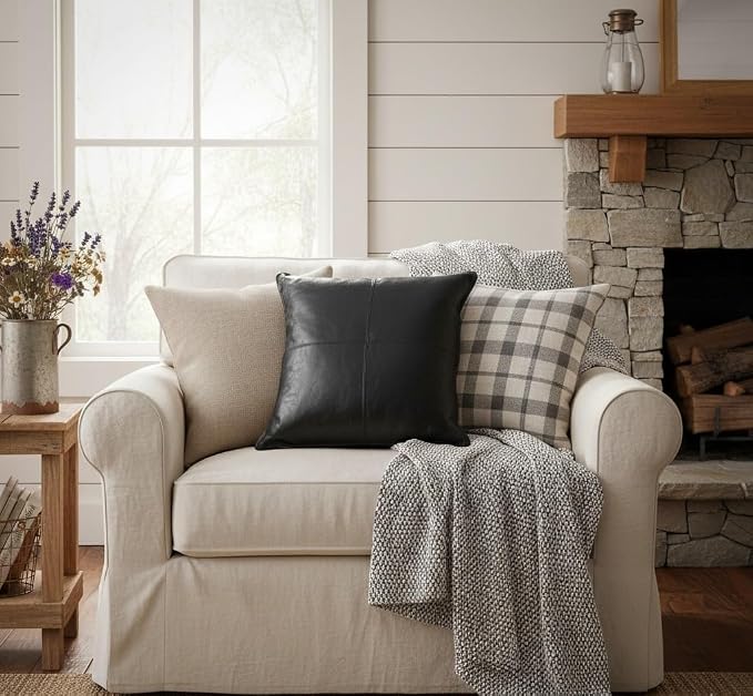 Genuine Leather Pillow Cover Case for Lumbar Throw Couch Pillows - Farmhouse Decorative Modern Sofa Thick & Soft Cushion Covers (Black, 18" x 18")
