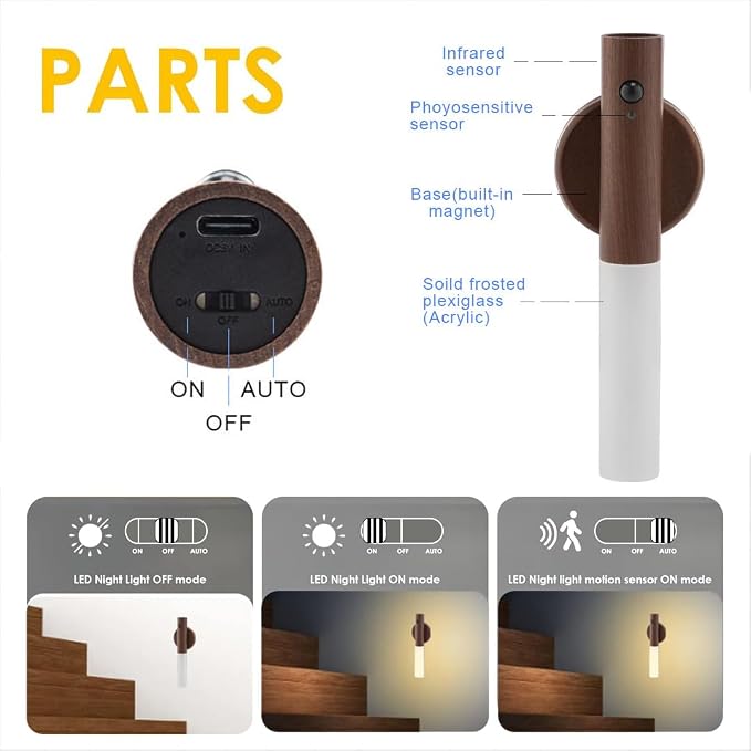 LANDGOO Wooden Motion Sensor Lights Indoor, Magnet Body Hallway Rechargeable LED Wireless Battery Operated Wall Sconce,