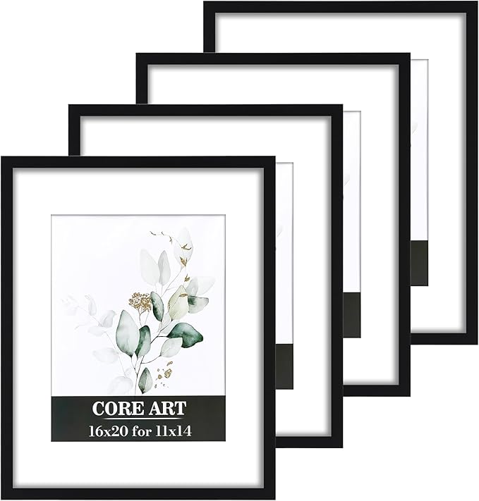 CORE ART 16x20 Frames 4 Pack, Black 16 x 20 Picture Poster Frame with Mat for 11x14 or without Mat for 16 by 20, Wall Mount Horizontal or Vertical