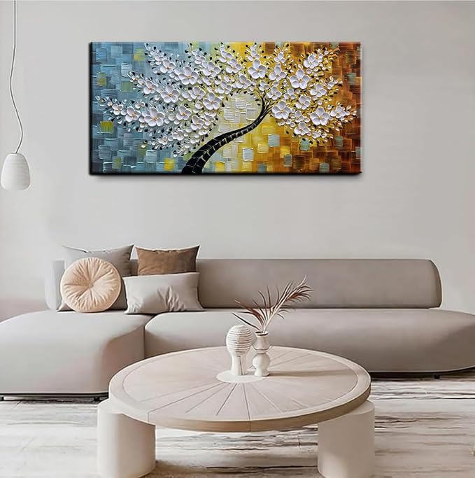 YaSheng Art - Wall Art Oil Painting ,100% HandPainted 3D Texture Wall Art Artwork White Flower Tree Paintings ,Abstract Canvas Wall Art ,Bedroom Dining Room Living Room Modern Wall Art Decor Home , Framed Wall Art Picture 24x48inch