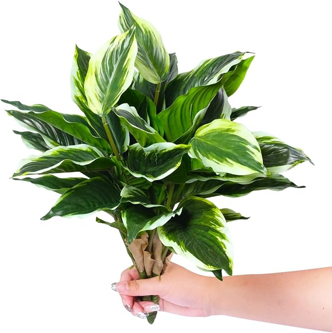 3PCS Artificial Tropical Green Plants – 15.75" Fake Hostas Outdoor Artificial Plants, UV Resistant, Faux Green Leaf Stems for Porch, Patio, Balcony, Garden Planter or Indoor Décor