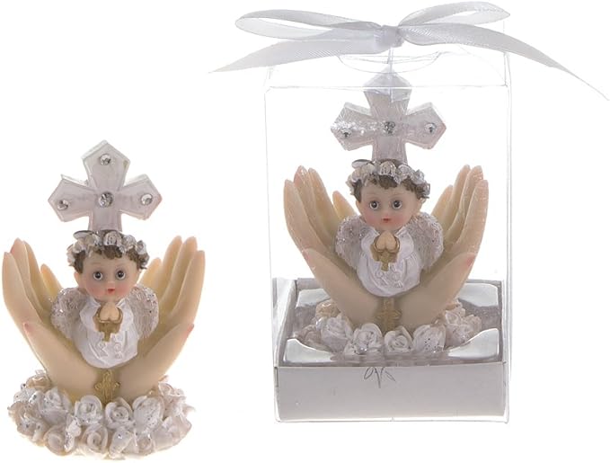Lunaura Religious Keepsake - Set of 12 Boy Baby on Palm Wearing White Clothes Praying Favors - Blue