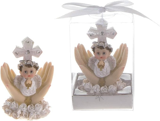 Lunaura Religious Keepsake - Set of 12 Boy Baby on Palm Wearing White Clothes Praying Favors - Blue