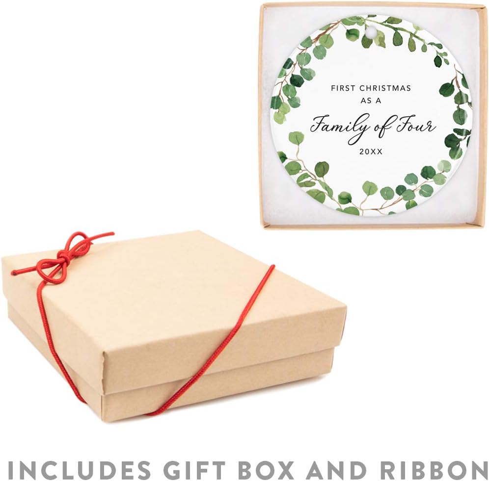 Andaz Press Custom Year Round Ceramic Porcelain Christmas Tree Ornament Keepsake Collectible Gift, First Christmas as a Family of Four 2025, Farmhouse Eucalyptus Wreath, 1-PackNew