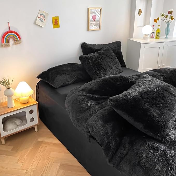 chovy Faux Fur Plush Black Comforter Sets Full/Queen - Ultra Soft Shaggy Flannel Velvet Fluffy Fuzzy 3PC Bedding Set （Comforter x 1 Pillowcases x 2） 1