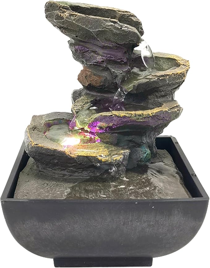 Indoor Tabletop Fountain Water Fountain with Light and Natural Waterfall Sounds for Desktop, Spa and Home Décor, 4-Tier Small Desktop Fountain for Leisure and Relax Zen Meditation