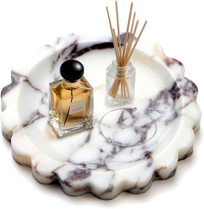 SAMAH Calacatta Viola Natural Marble Tray, Scalloped Bathroom Tray, Luxury Decorative Trays for Bathroom, Vanity, Dresser, Kitchen & Home Decor, Housewarming Gifts New Home (Round)