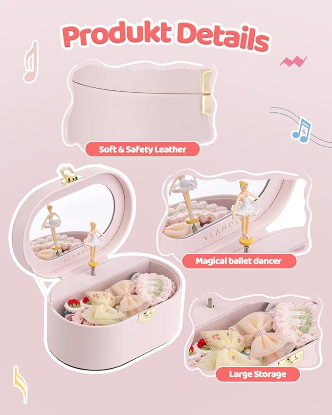 Vlando Musical Jewelry Box for Girls - Kid Music Box with Ballerina for Birthday Bedroom Decor - Valentines Day Birthday Gift for Girls Ages 4 5 6 7 8-12 Year Old - Pink