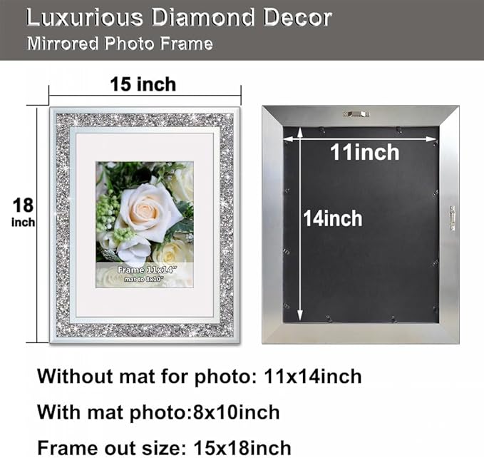 Crushed Diamond Wedding Mirror Photo Frame, Crystal Silver Glass Picture Frame For Photograph Size 11x14 inch With Mat for 8x10 inch, Pack of 2 Pieces Wall Frame. Bling Sparkle Diamond Home Decor.