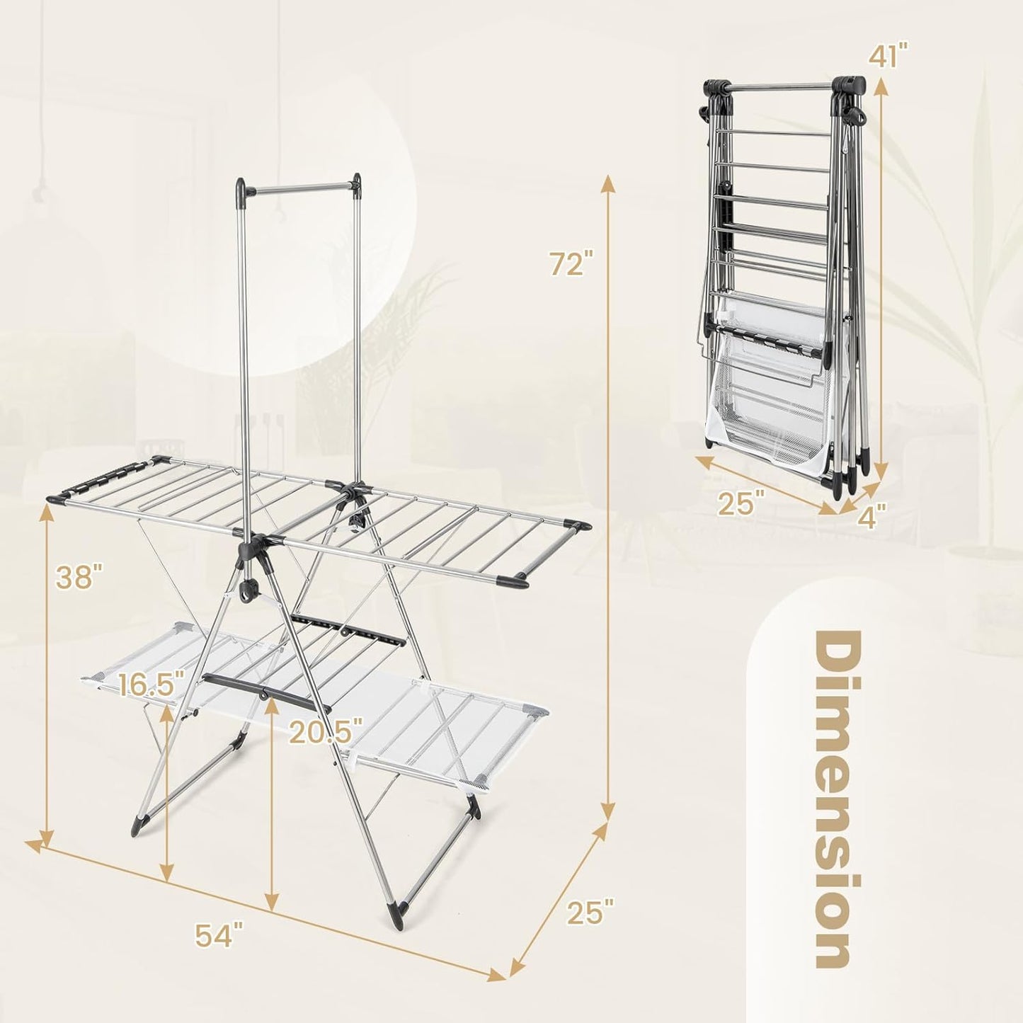 Tangkula Foldable Clothes Drying Rack, 2-Tier Laundry Drying Rack w/Tall Hanging Bar, Height Adjustable Gullwing, Freestanding Garment Stand for Indoor Outdoor Use