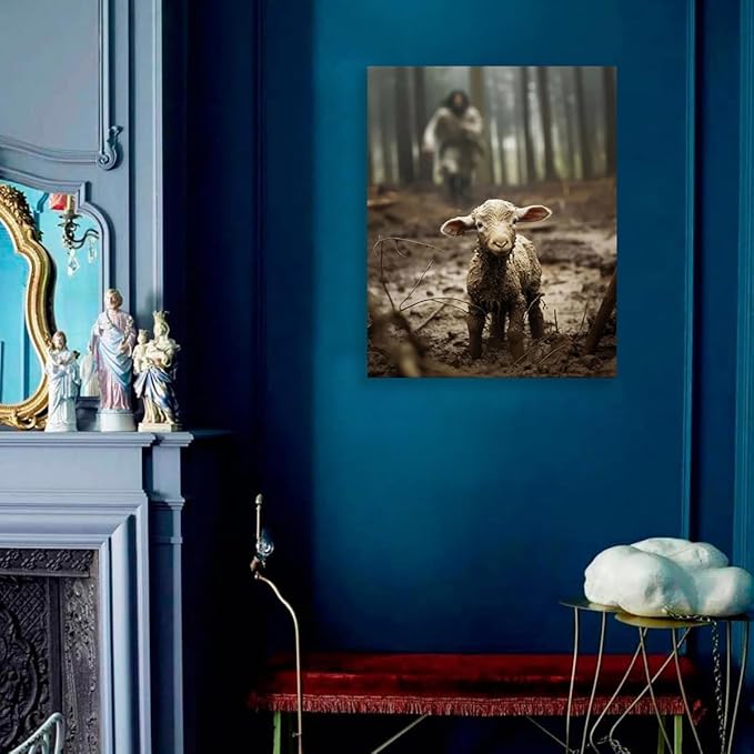 GUN SUPPLIES OUTLET LLC Christian Wall Art Jesus Chasing Lost Lamb Canvas Print Inspirational Wall Decor 16x20 Inch Home Decor