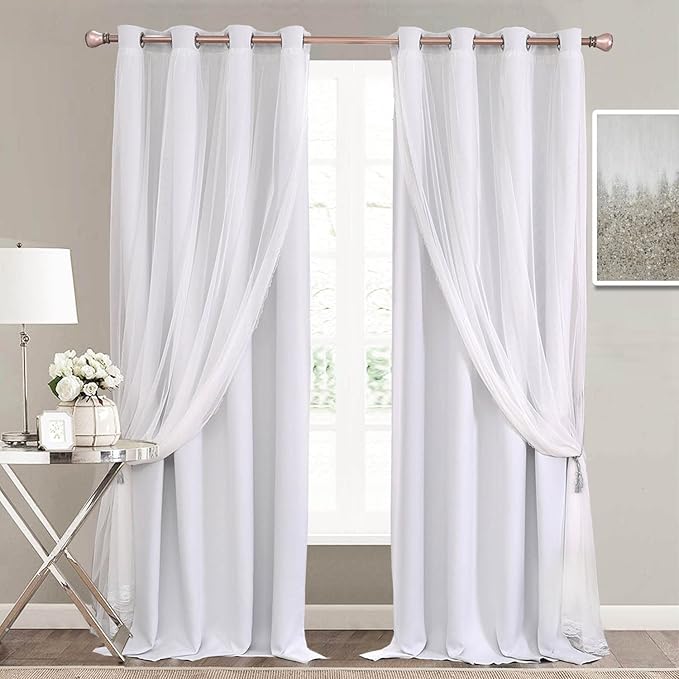Greyish White Curtains Double Layered Solid Blackout and Sheer Window Treatment Panels Pair with Grommet Top for Living Room Patio Door, 52 x 108 inches, Greyish White, 2 PCs