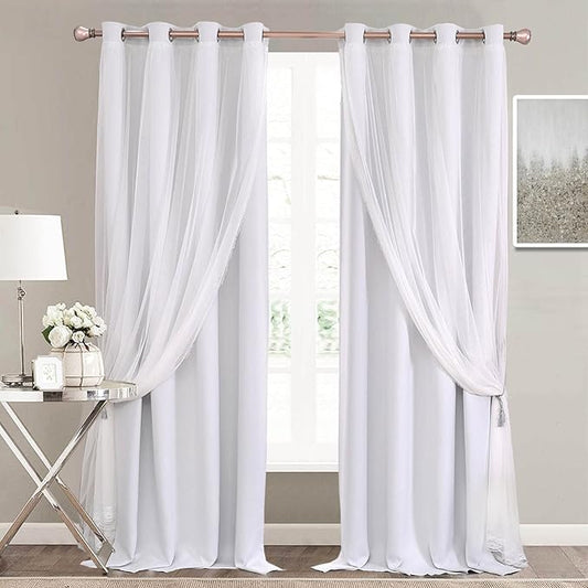 Greyish White Curtains Double Layered Solid Blackout and Sheer Window Treatment Panels Pair with Grommet Top for Living Room Patio Door, 52 x 108 inches, Greyish White, 2 PCs