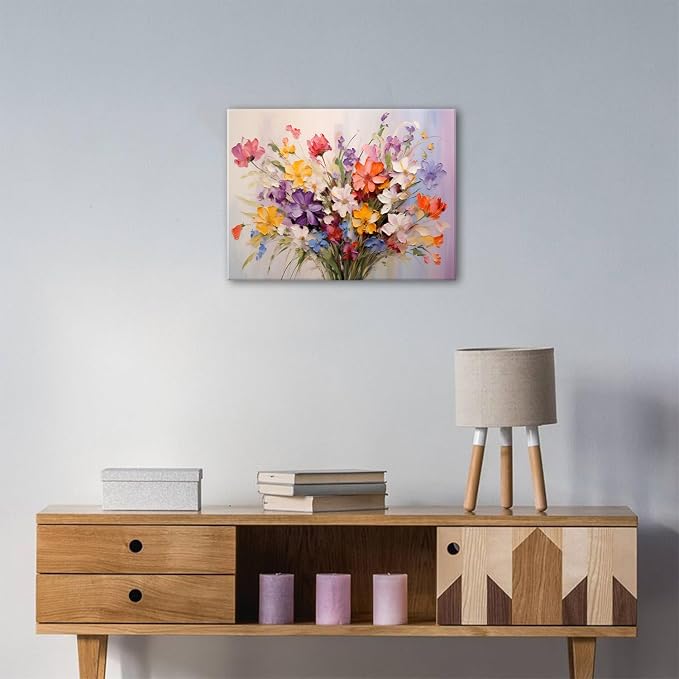 Colorful Flower Canvas Wall Art Yellow Orange Purple Wildflower Painting Prinrts for Teen Girls Room Decor Botanical Picture Floral Poster Modern Framed Artwork Bathroom Bedoom Home Decoration 12"x16"