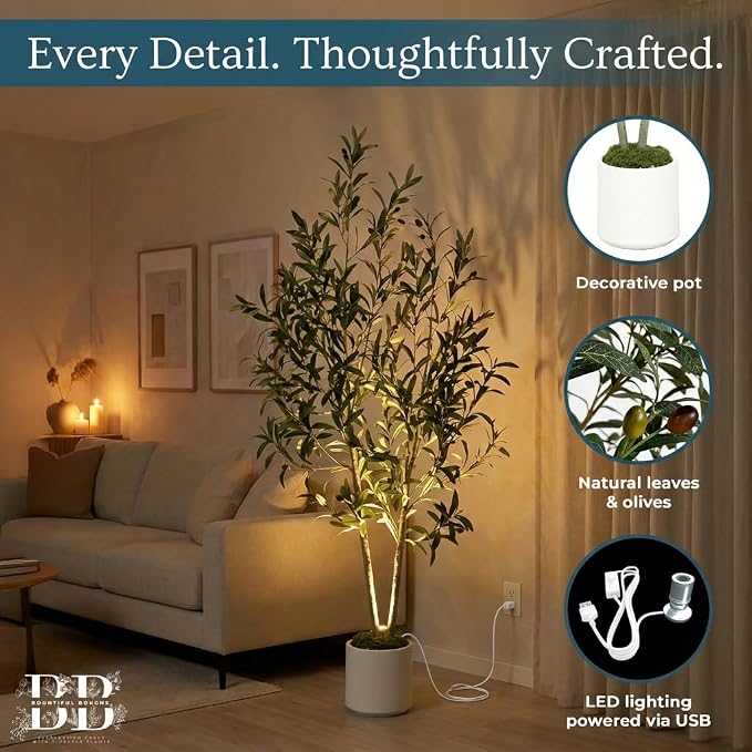 5ft Lifelike Artificial Olive Tree with Light, White Pot, Moss & LED | 711 Vein-Detailed Leaves, 40 Olives · 4ft Wired USB LED with Switch · Moss Included · Shapeable Branches · Zero Maintenance