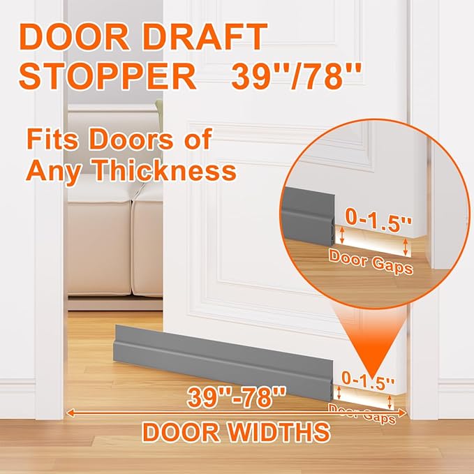 Door Draft Stopper for Bottom of Door, Adjustable Weather Stripping Door Seal for Cold Insulation, Under Door Sweep for Exterior & Interior Doors, Door Bottom Seal Blocker Noise (78inch,Grey)