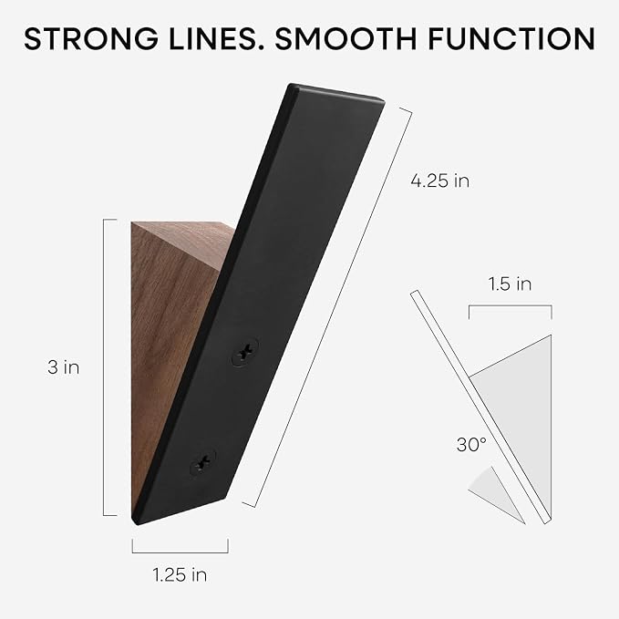 Homeforia Walnut Wood Coat Hooks, High End Walnut Wood & Black Metal Wall Mounted Coat Hooks, Mid-Century Modern Clothes Hooks, Heavy Duty Wooden Hooks for Hanging Coats, Hats, Towels & More, Set of 4