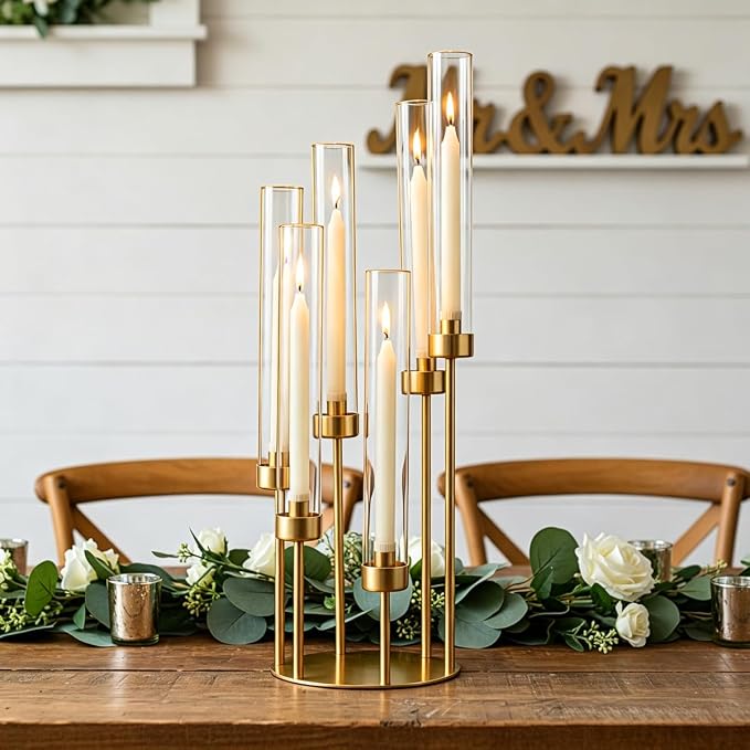 LETINE 6-Arm Gold Candelabra, 23.96" Tall Candelabra Centerpieces for Tables with Glass Lampshade & Heavy Base, Vintage Gold Taper Candle Holder for Indoor Outdoor Wedding Party Decor.