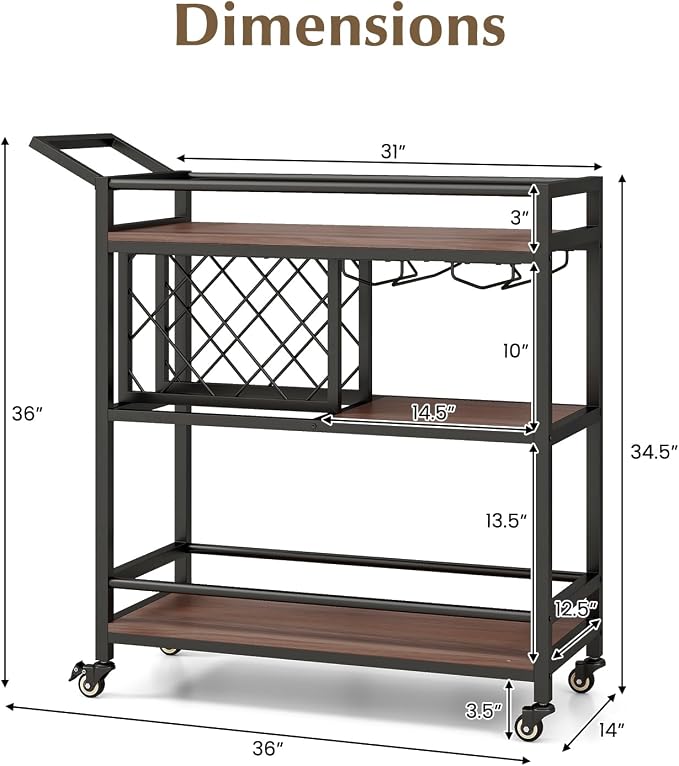 GOFLAME 3-Tier Bar Cart, Industrial Serving Cart with Wine Racks & Glass Holders, Convenient Handle, Rolling Beverage Cart with Metal Frame for Kitchen, Dining Room, Living Room, Brown