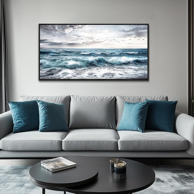 QIYILEXWART Black Framed Large Wall Decor For Living Room Canvas Wall Art For Office Wall Decoration For Bedroom Ocean Waves Painting Modern Picture Artwork Home Decor Ready To Hang