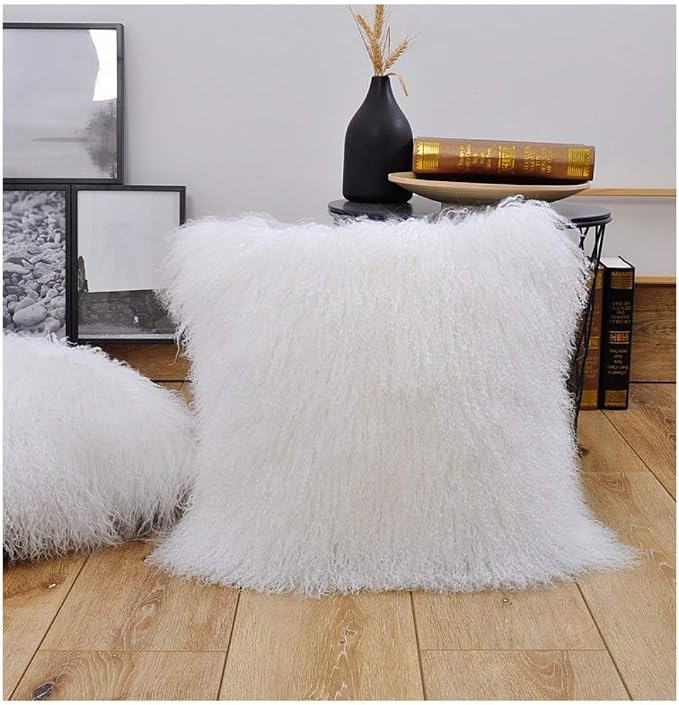 100% Real Mongolian Lamb Fur Cushion Cover/Pillowcase (24x24inch, White) 1