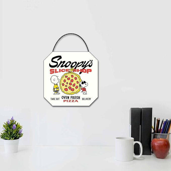 Peanuts Snoopy's Slice Shop Oven Fresh Pizza Hanging Wood Wall Decor - Fun Snoopy Pizza Sign for Kitchen or Dining Room