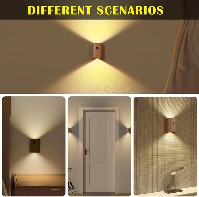 LANDGOO 2-Pack Wood Step Light with Motion Sensor, Rechargeable Stair Night Light Set, Beech Wood 2700K Warm White LED Wall Lamps, Easy No-Wire Installation for Hallway Bedroom Staircase