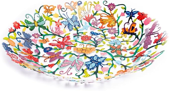 Emanuel Yair Decorative Metal Fruit Bowl | Vibrant Hand Painted Bowl | Hangable Centerpiece for Home Decor and Gifting | Judaica Art (14 inch, butterflies)