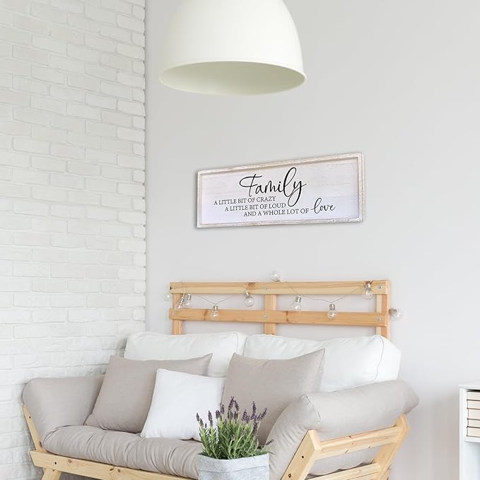 Family A Little Bit Of Crazy Sign Wall Decor 40"×15" Rustic Farmhouse Living Room Large Soild Wood Framed Hallway Hanging Sign Aesthetic Inspirational Quotes Entryway Home Wall Art (White)