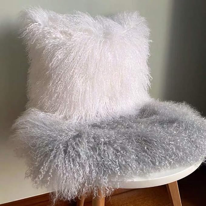 100% Real Mongolian Lamb Fur Cushion Cover/Pillowcase (26x26inch, White)