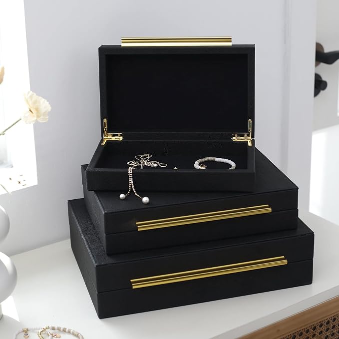 DECOR4SEASON Faux Shagreen Decorative Storage Boxes – Set of 3 Stackable Jewelry Organizers with Gold Metal Handles & Velvet Lining, Modern Black Box for Vanity, Entryway & Coffee Table Décor